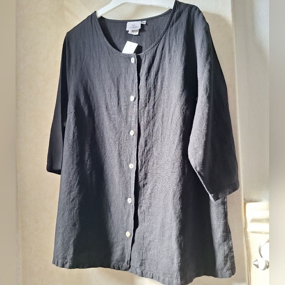 NWT Hot Cotton 1X black tunic top, Linen blend, blouse